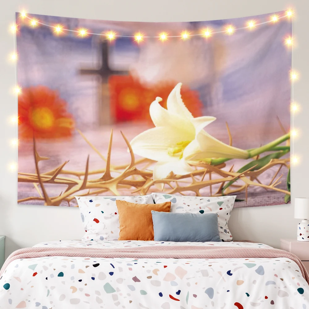 

Laeacco White Lily Flowers Printing Tapestry Simplicity Blanket Wall Hangings Living Room Modern Home Decor Carpets Polyester