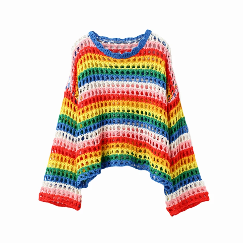 

Korean Sexy Hollow Out Multicolor Rainbow Sweater Women Autumn 2020 Fall Harajuku Jumper Pull Femme Streetwear Pullover Crop Top