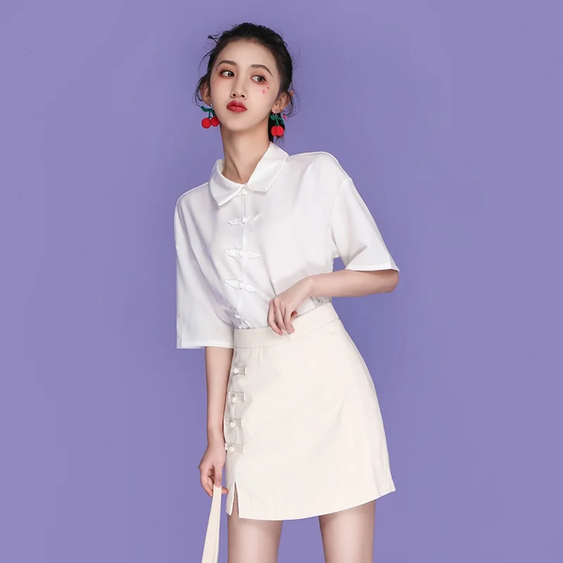 

Sweet Chinese Style Clothing Women Blouses 2021 Summer Vintage Chinese Harajuku Buckle Shirt Women Basis Blouse Shirt FF3030