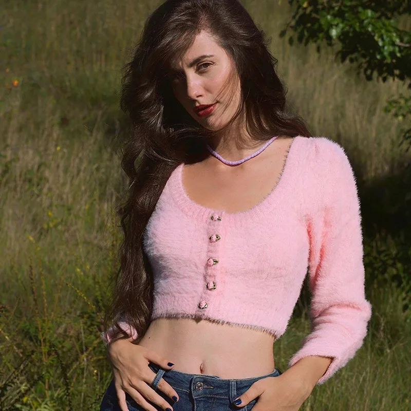 

2021 New Women's Early Autumn Sweet Pink Furry Low Round Neck Knitted Short Sweater Jacket Single-Breasted Slim Cardigan