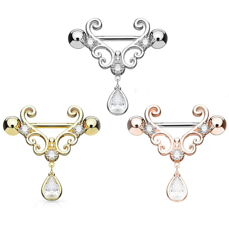 

2Pcs Water Drop Crystal Dangle Nipple Ring Fashion Stainless Steel Women Piercing Jewelry