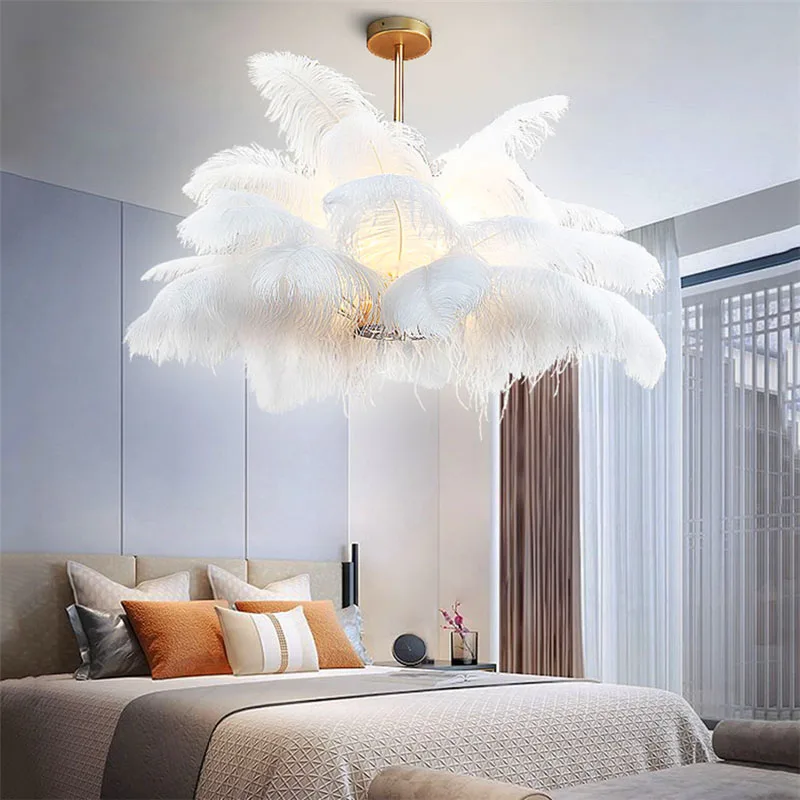 

Nordic Retro LOFT Golden Pipe Erected Pendant Lights Natural Ostrich Feather Pendant Lamp Bedroom Living Room Hanging Lamp