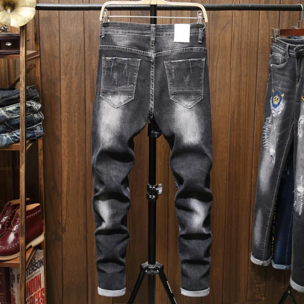 

Hot sale men's original design ripped jeans Patchwork embroidered men's small straight pants Stretch-print trousers