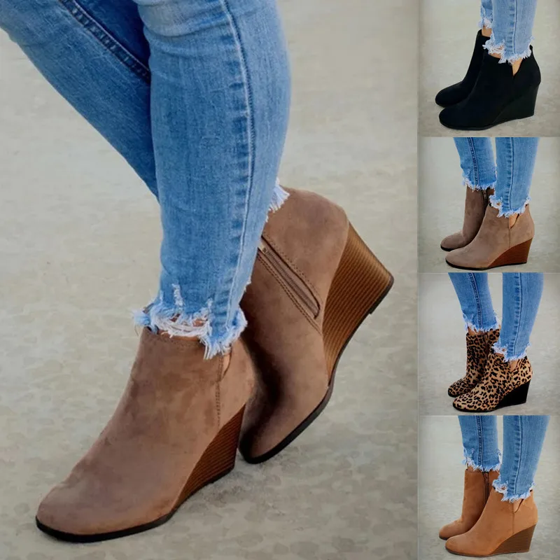 

Zipper Solid Color Short Booties Round Toe Shoes Botines Mujer 2021 Women Ankle Boots Fashion Women Suede Wedges