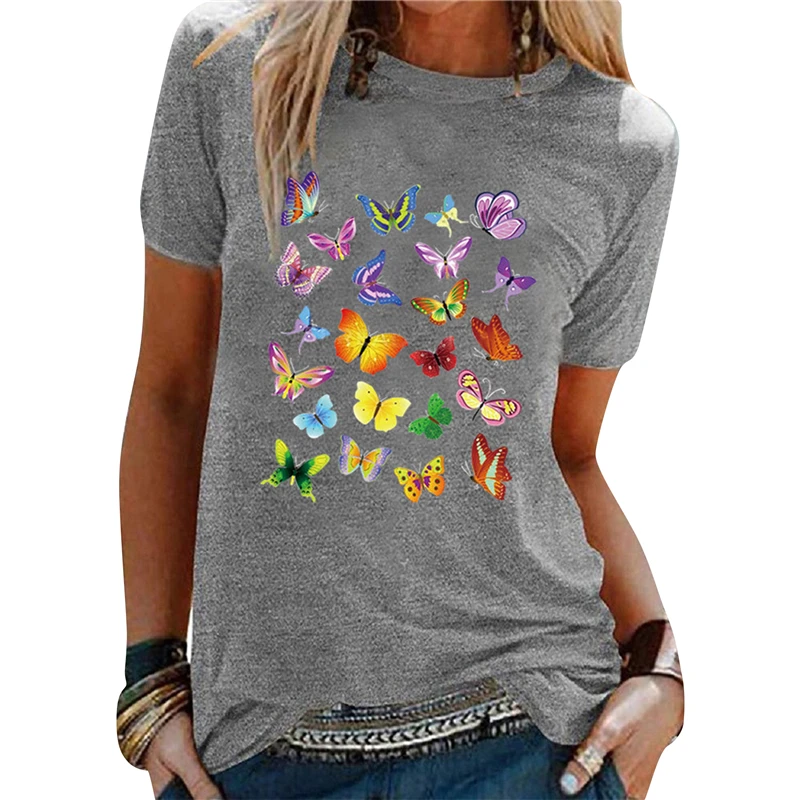 

Summer Butterfly Print Tshirts Casual Loose Basic Womens Fashion Tops O-Neck Short Sleeve Bluzka Damska Harajuku Style