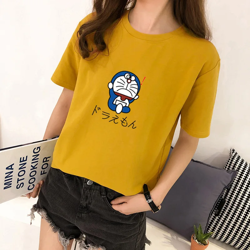 2019 Харадзюку Футболка женская каваи летние топы с принтом Дораэмон рукав