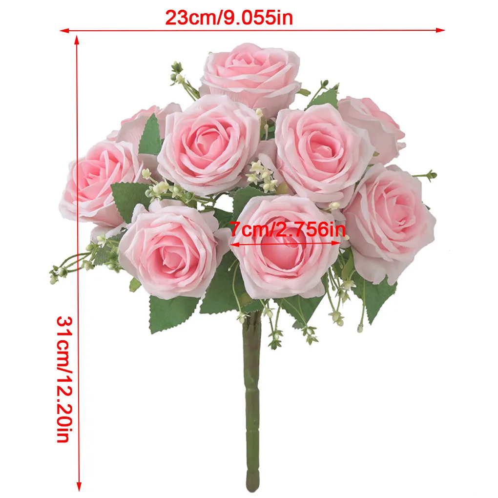 

9 Heads Artificial Rose Flower Bouquet Bridal Flower Bouquet Wedding Party Silk Cloth Fake Floral Decor, Light Pink