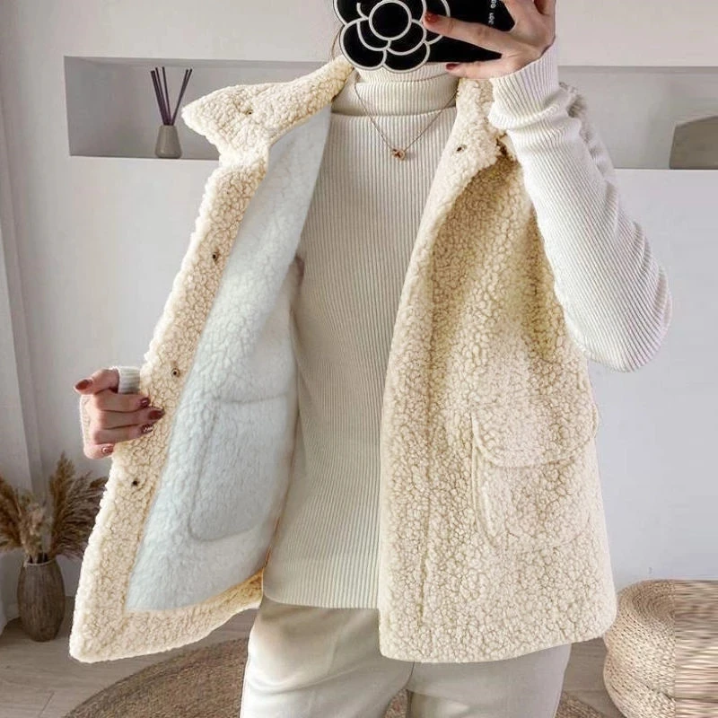 

Korean Fashion Faux Lamb Wool Vest Women Coat Sleeveless Winter Tops Gilet Femme Brown Jackets Thicken Chaleco Mujer Outerwear