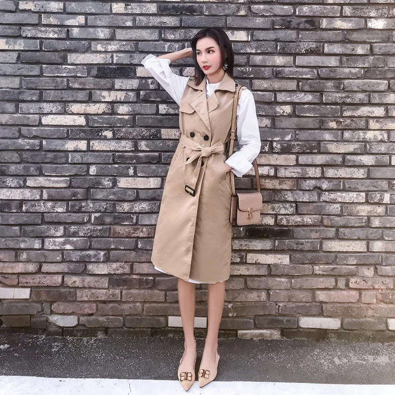 

Slim Stitching Sleeveless Trench Coat Women's 2020 Spring New Korean Sleeveless Suit Collar Solid Color Windbreaker Female E169