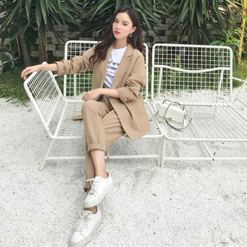 Casual Solid Women Pant Suits Notched Collar Blazer Jacket &amp Pencil Khaki Female Suit Autumn 2019 High Quality | Женская одежда