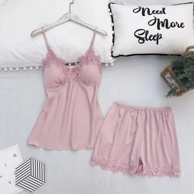 Women faux Silk Pajamas Sexy Sleepwear Sleeveless Pyjamas Silk Lace Short Soft Nightgrown For Women Summer New Arrival