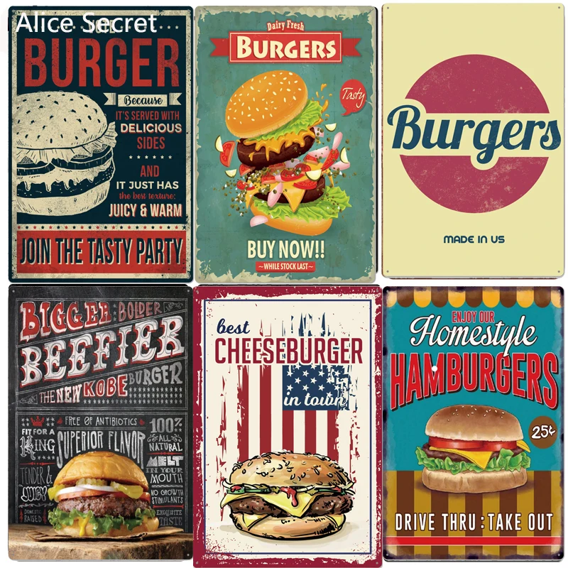 

Hamburgers Metal Plates Vintage Fast Food Metal Tin Sign Bar Wall Art Craft Pub Restaurant Burgers Metal Poster Plaques 20x30cm