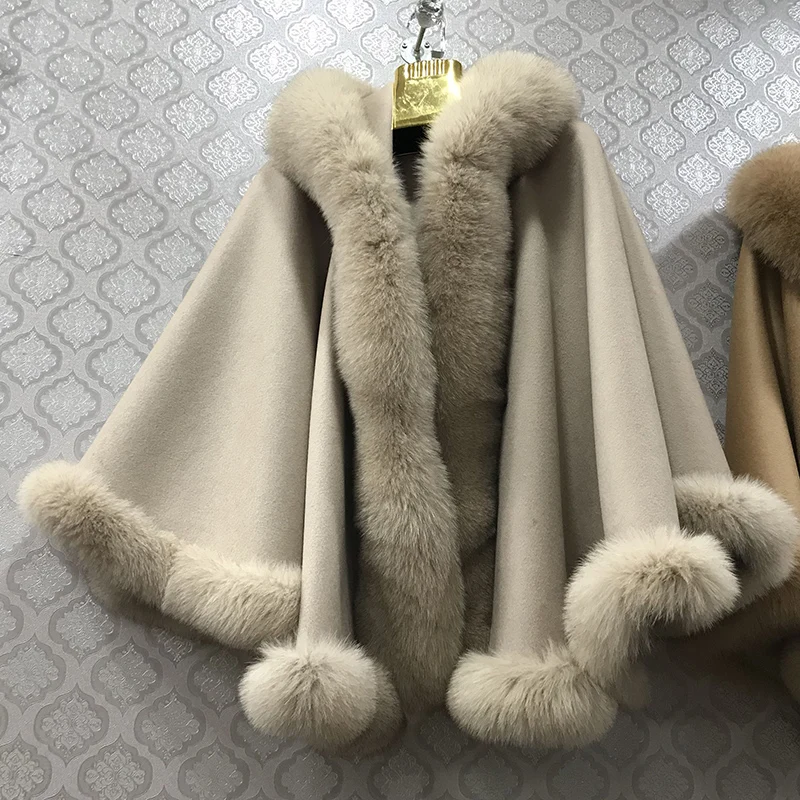 2021 Women Cashmere Capes With Real Fox Fur Hooded Collar Wraps Luxury Female Winter Scarf Stole Pashmina Lady Coat Poncho |