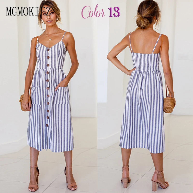 Boho Цветочный принт летнее платье Для женщин V шеи Карманы миди без рукавов платья