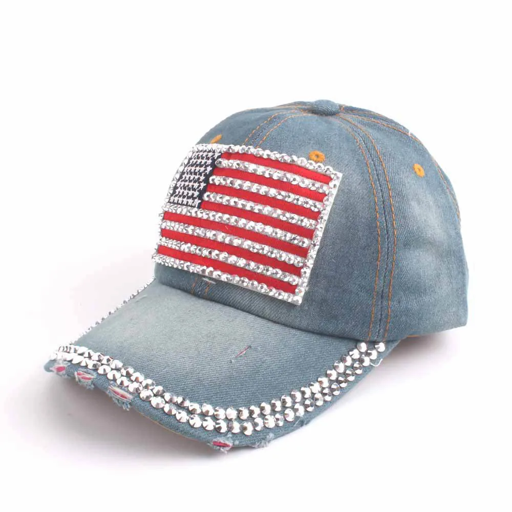 Модные бейсболки женские джинсы со стразами с американским флагом джинсовые