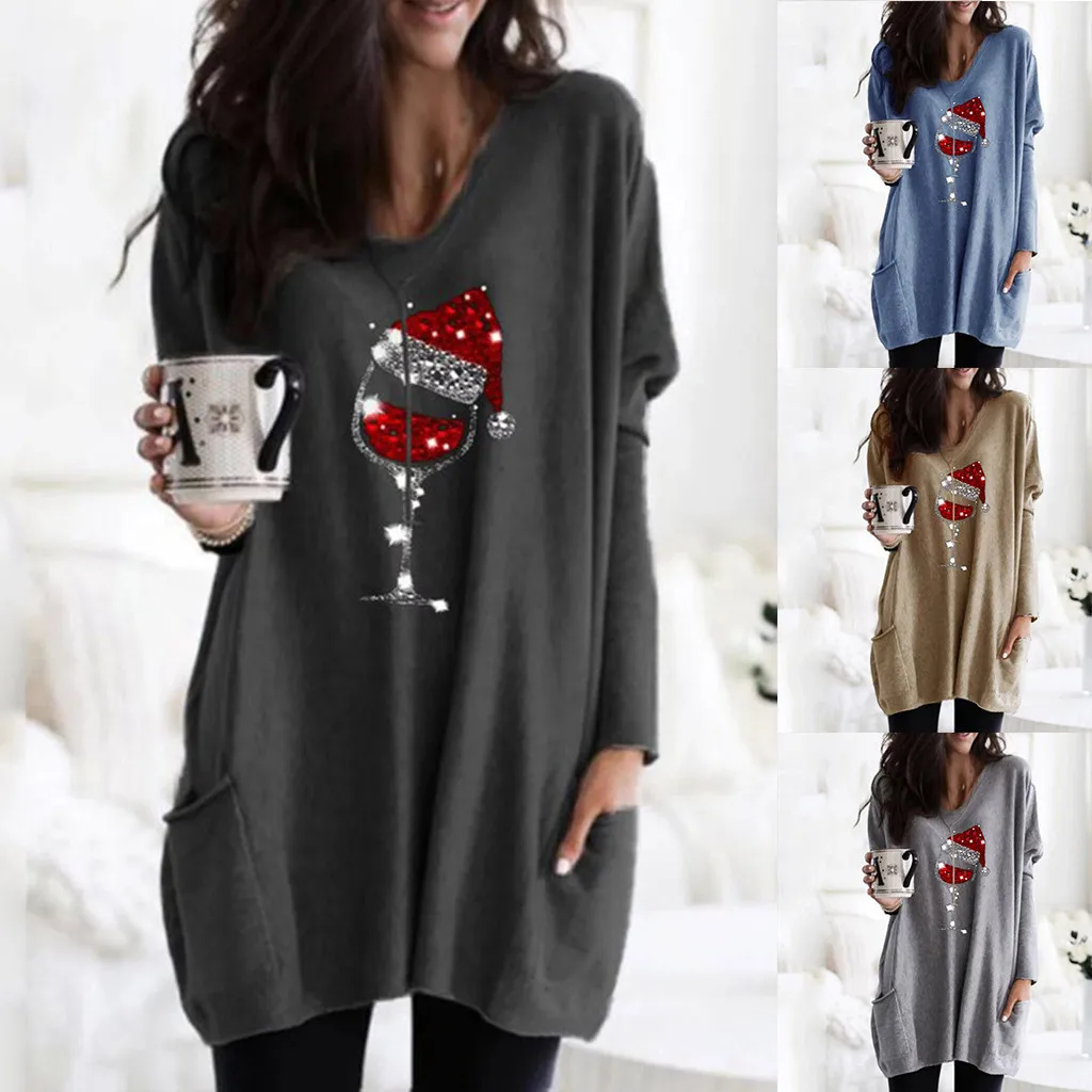 Christmas Hat Print t shirt Women's Long-sleeved Casual Lady Pullover Tops 2020 christmas clothes t-shirty damskie harajuku | Женская