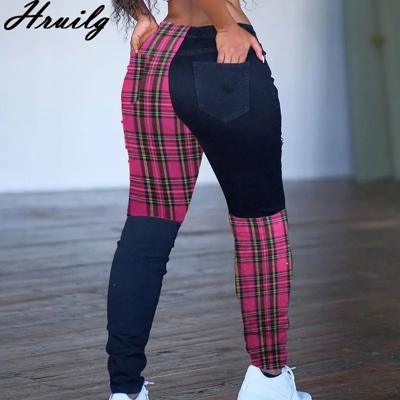 

Woman Pants Plaid Print Patchwork Slim High Waist Fashion Pants Women Casual Plus Size Streetwear Trousers Women Pencil Pants