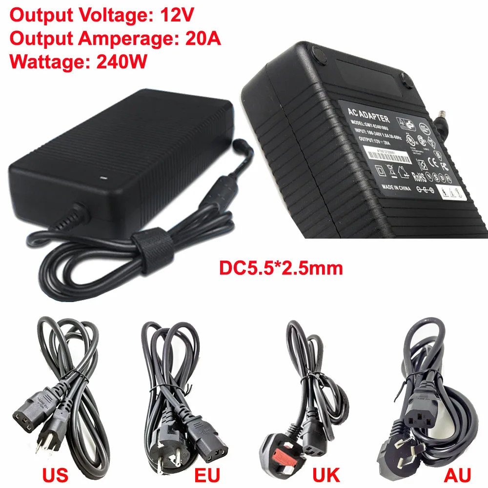 

Адаптер питания 110-240 В переменного/постоянного тока, 12 В, 20 А, 240 Вт, 5,5x2,5 мм, Штекерный разъем, кабель питания в комплекте