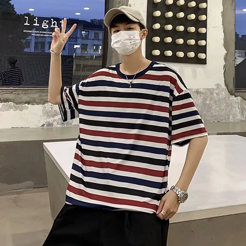 

New Spring Striped Short-Sleeved T-Shirt Teen Korean Wild Fashion Men Clothes Simple Loose Funny Men's Cool Hip Hop Streetwear