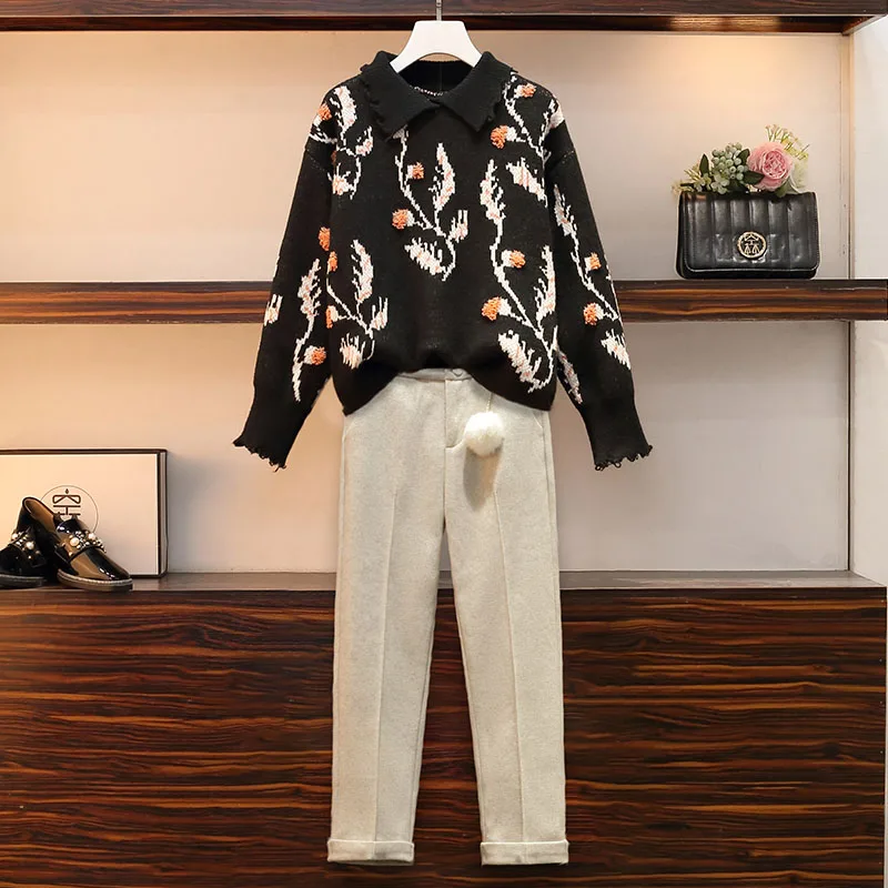 

Autumn Winter New Plus Size Sweater Knitted Two Piece Set Women Pattern Print Loose Pullovers + Harem Pants Sets Outfits cloth