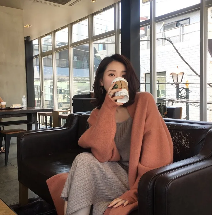 Зимний Кардиган пальто для женщин оверсайз длинный Carigan сплошной цвет корейский открытый стежок свитер пальто