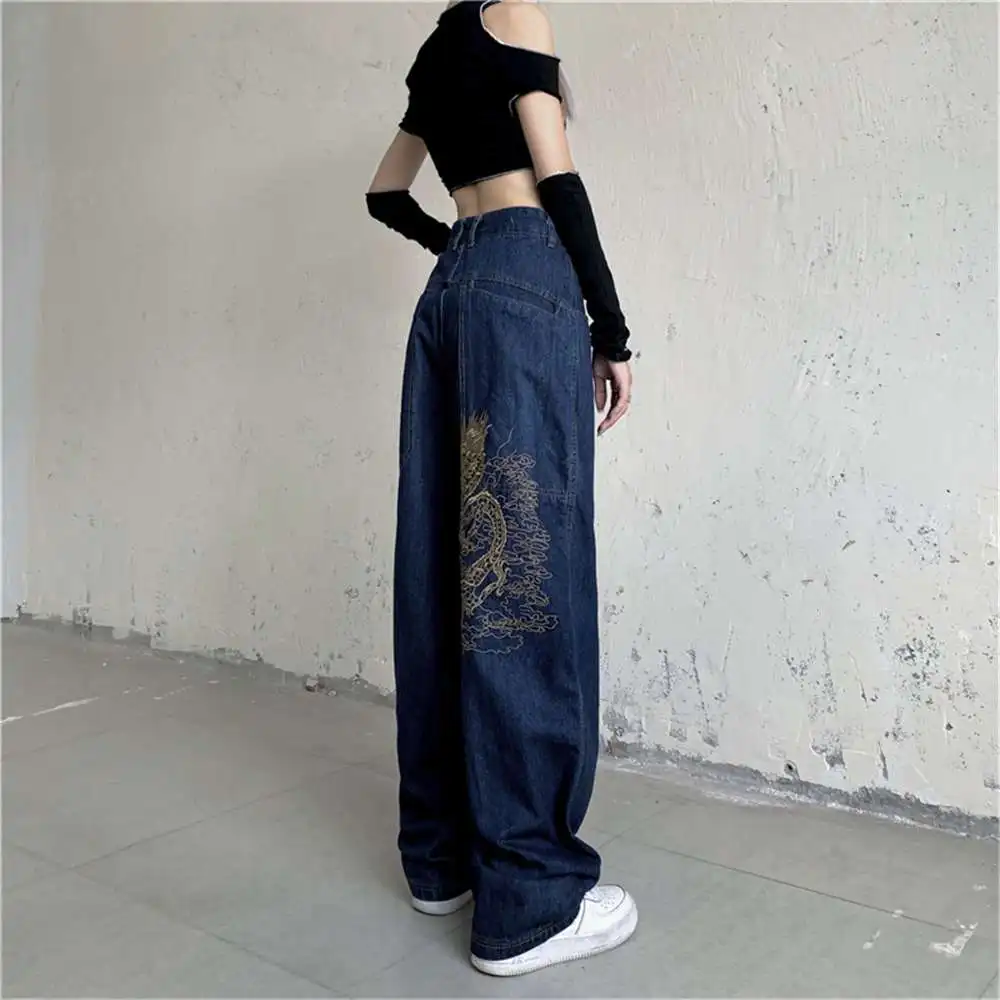 

American Retro Washed Jeans Street Skateboarding Hip-hop Loose Trousers Embroidery Women Dad Mopping The Floor Wide-leg Pants