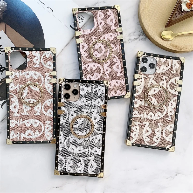 

Luxury Square PU Leather Phone Case For Samsung Galaxy S20FE S9 S10 Plus S10Lite Note 10 21ultra A50 A70 Ring bracket back cover