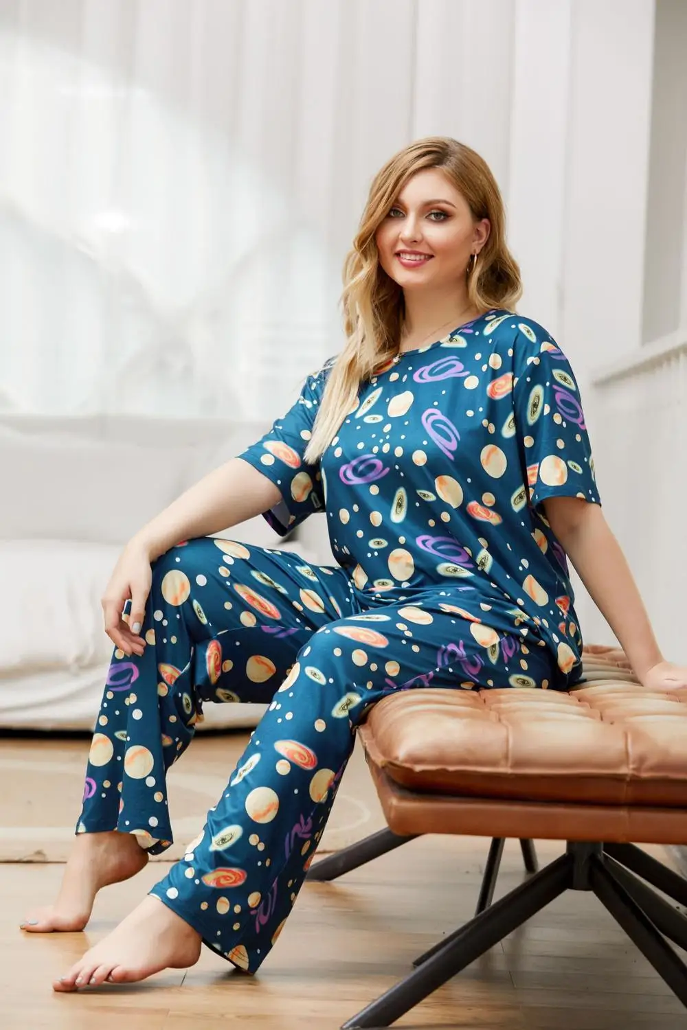 Летняя женская Свободная одежда для дома HC223 большого размера комфортная синяя