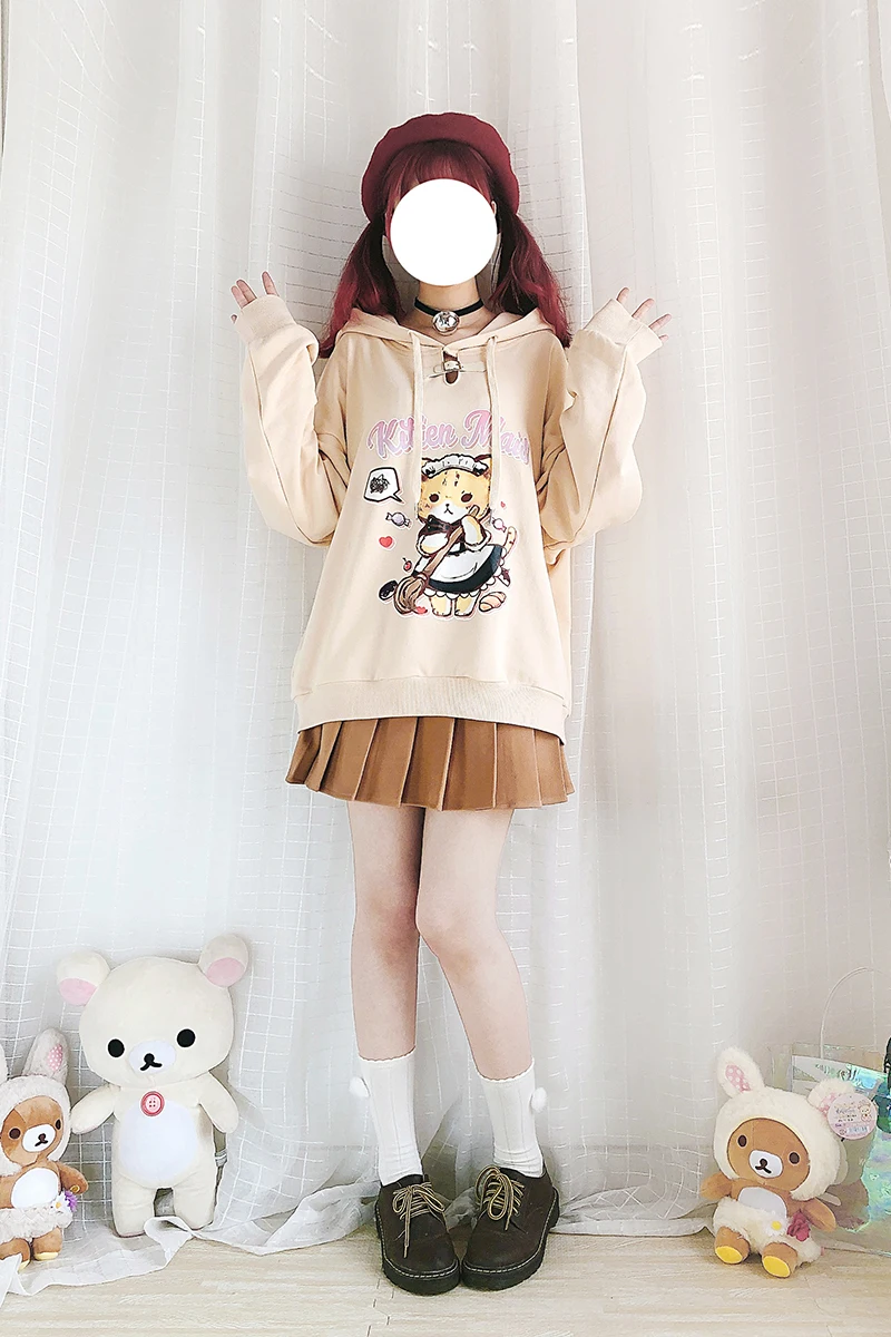 Бежевая Толстовка в стиле Харадзюку с изображением котенка горничной кота