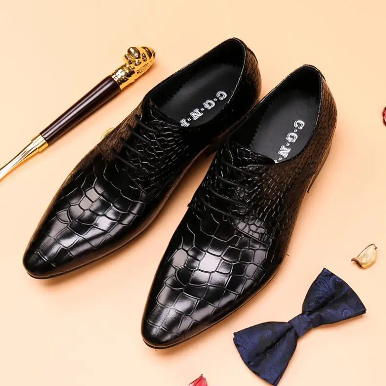 

QYFCIOUFU Men Wedding Shoes Genuine Leather Formal Business Pointed Toe For Man Dress Shoes Crocodile Pattern Men's Oxford Flats