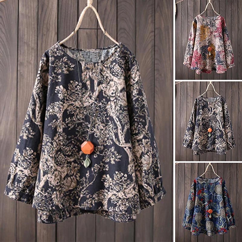 

Spring Women Bohemian Blouse Casual O Neck Long Sleeve Vintage Floral Printed Shirt Loose Cotton Linen Top Femme Blusas