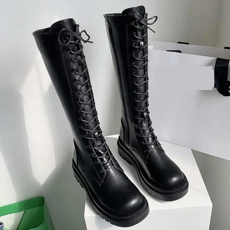 

Women Combat Boots Antumn 2022 Female Platform Gothic Shoes Black Leather Lace Up Knee High Ytmtloy Botines De Mujer Winter