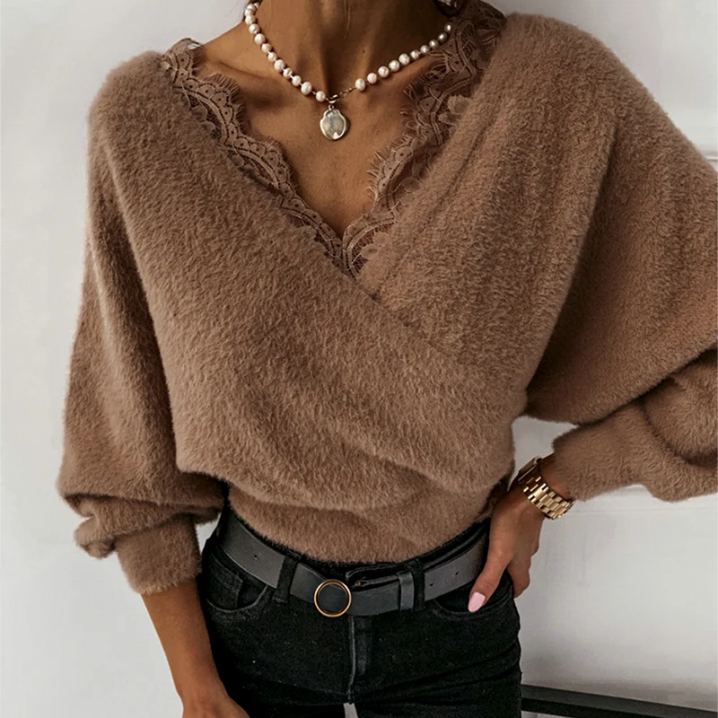 

Sexy Patchwork Flannel Sweater Lace High Waist V-neck Pullover Nightclub Club Winter Comfort Sweaters for Women 2021