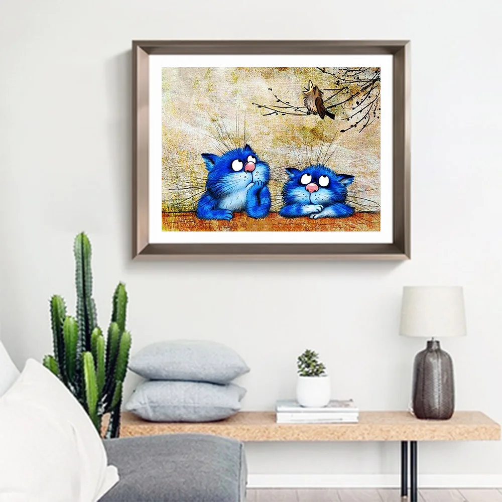 Алмазная картина с изображением синего мультяшного кота Круглая Мозаика для