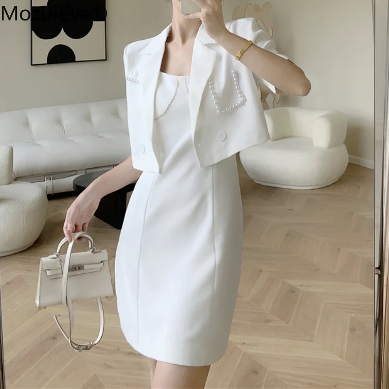 

Mozuleva 2022 Summer Business Suit Elegant Office Lady 2 Pieces Set Short Sleeve Blazer and Sleeveless Dress Suit Blazer Sets