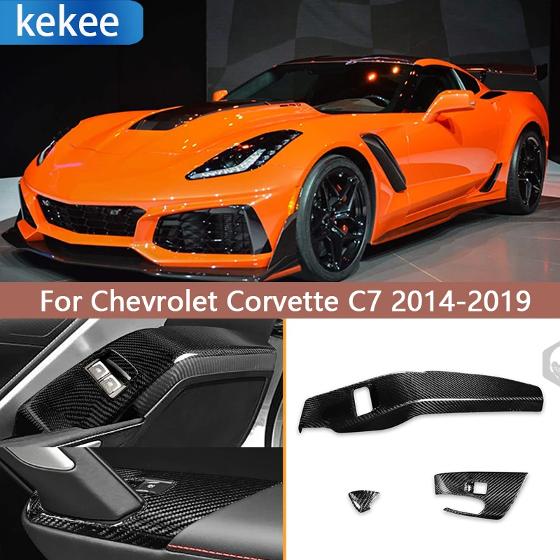 Car Armrest Window Lifter Switch Trim Frame Real Carbon Fiber Accessory for Chevrolet Corvette C7 2014 2015 2016 2017 2018 2019