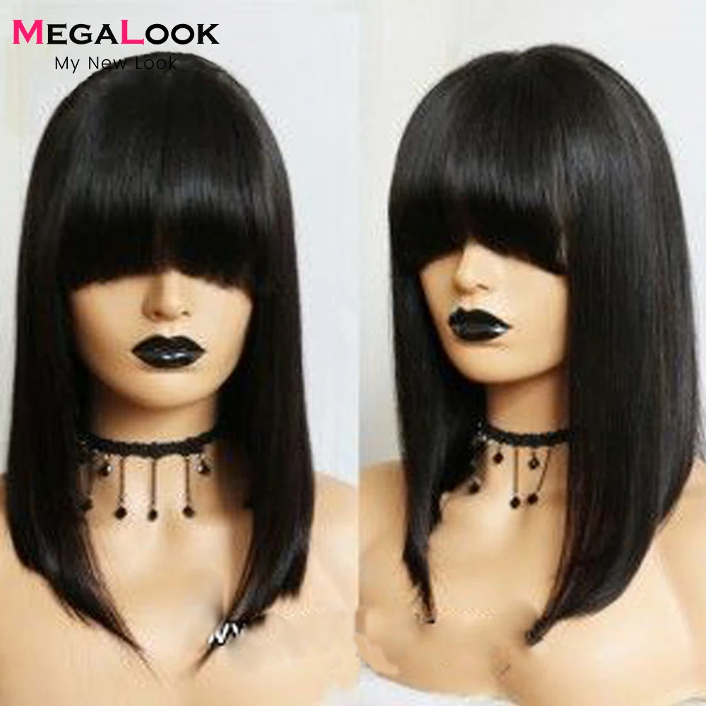 Bob Wig Brazilian Straight Short Human Hair Wigs with Bangs 180 Pre Plucked Machine Weft Remy Human Hair Wig