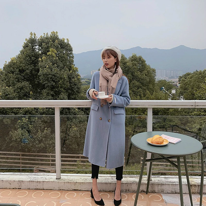 

Double Sided Cashmere Jacket Women 2020 Winter High End Lapel Double Breasted Loose Plus Size Handmade Long Wool Coat