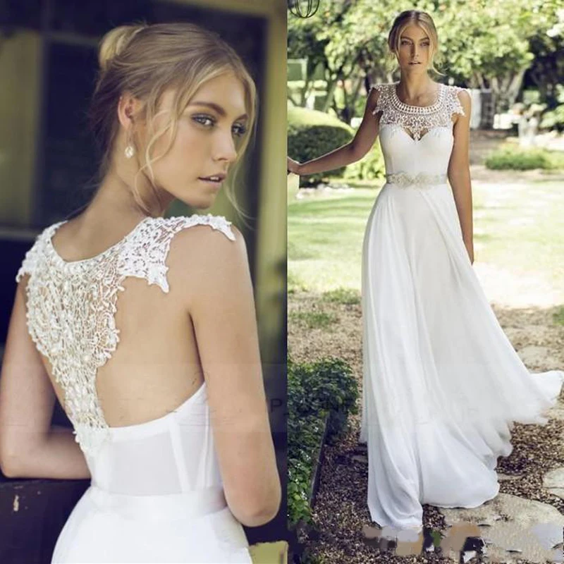 

Пляжные Дешевые Свадебные платья из шифона трапециевидная кружевная жемчужина шеи Vestido De Novia robes de demoiselle d'honneur