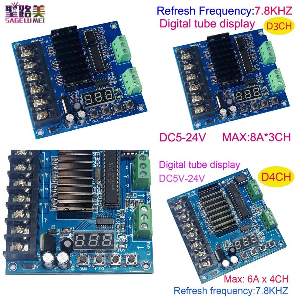 

WS-DMX-D3CH/D4CH RGB LED Controller 3CH 4CH DC5V-24V 24A DMX512 Decoder Dimmer Drive for LED Strip lights lamp Constant voltage