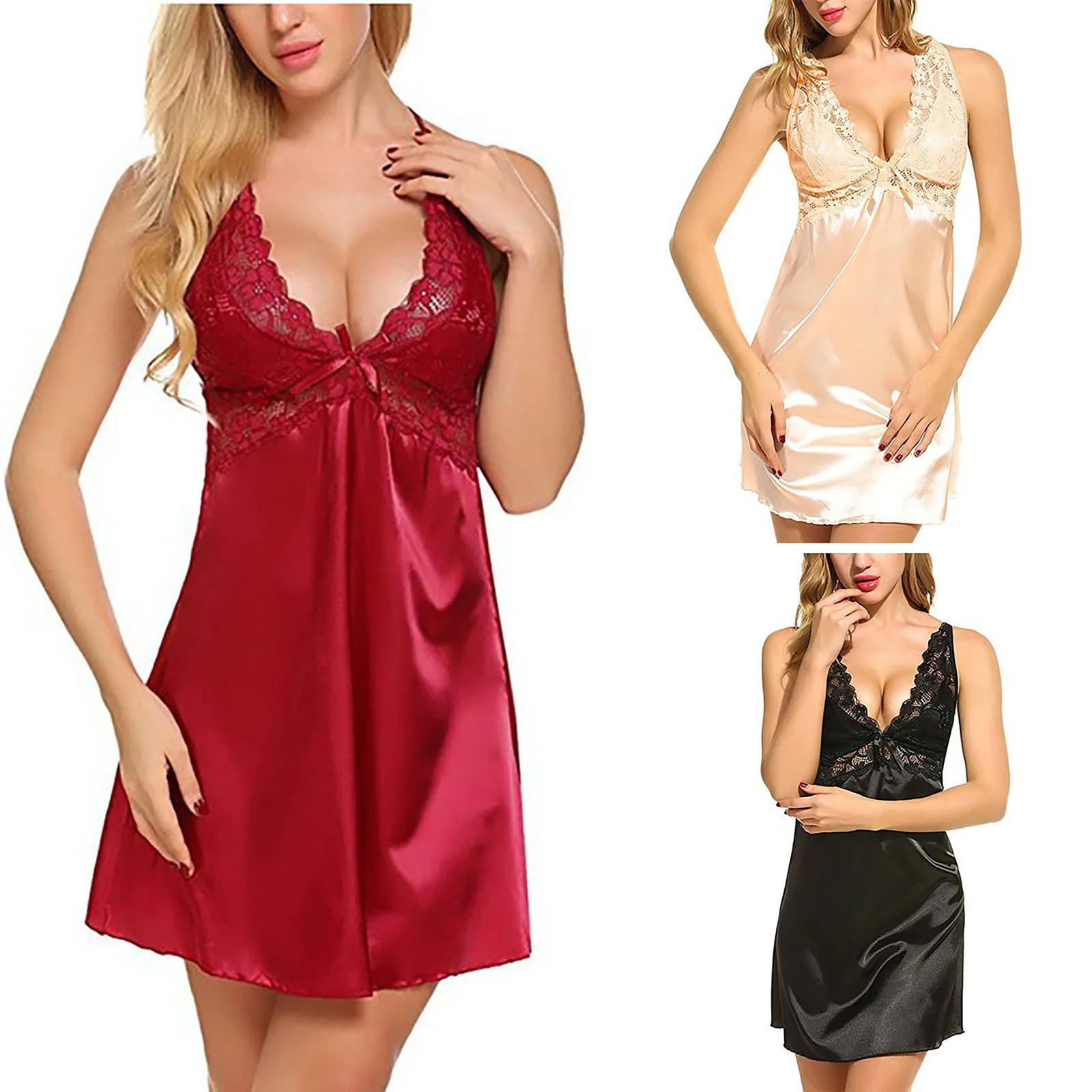 

Сексуальные шелковые кружевные ночные сорочки с длинным рукавом твердых атласная Для женщин без рукавов ночные рубашки с принтом в стиле п...