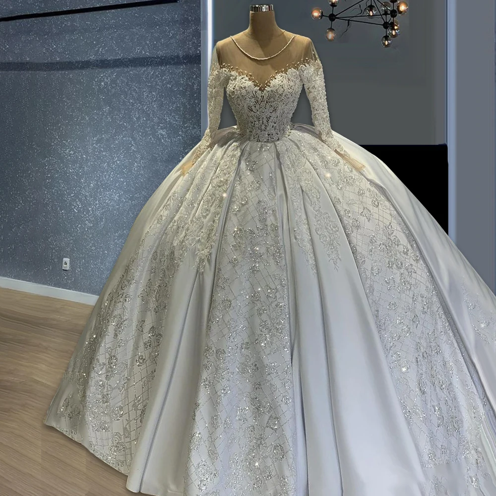 

High End Free Tailored Made Satin Dress Ball Gown O Neck Long Sleeves Robe Satin Wedding Dress 2021