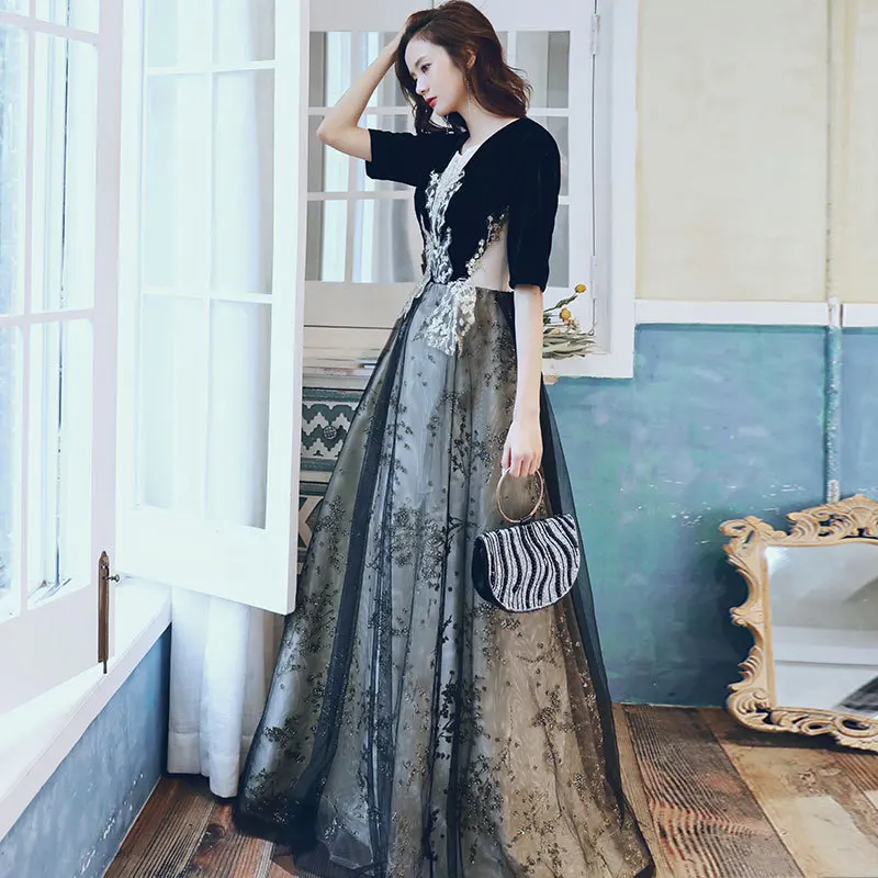 

Черное элегантное женское вечернее платье с рукавом три четверти, сексуальное вечернее платье с V-образным вырезом и высокой талией для вып...