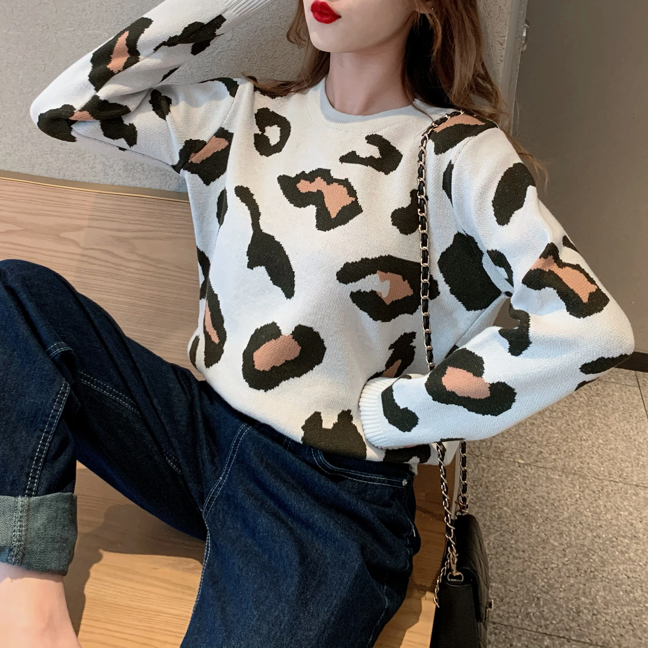

leopard Female long sleeve sweaters and pullovers o-neck casual style spring fall winter Women's Clothing ladies tops pink black