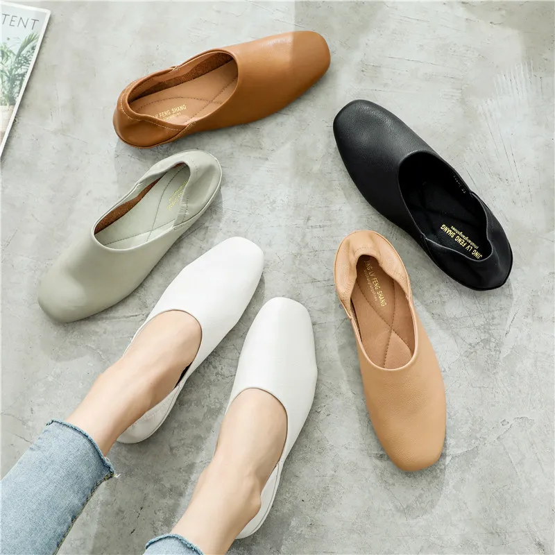 

New Women Brief Leather Slip on Moccasins Solid Comfy Casual Flats Soft Bottom 2-wear Round Toe Shoes Femme Shallow Loafers