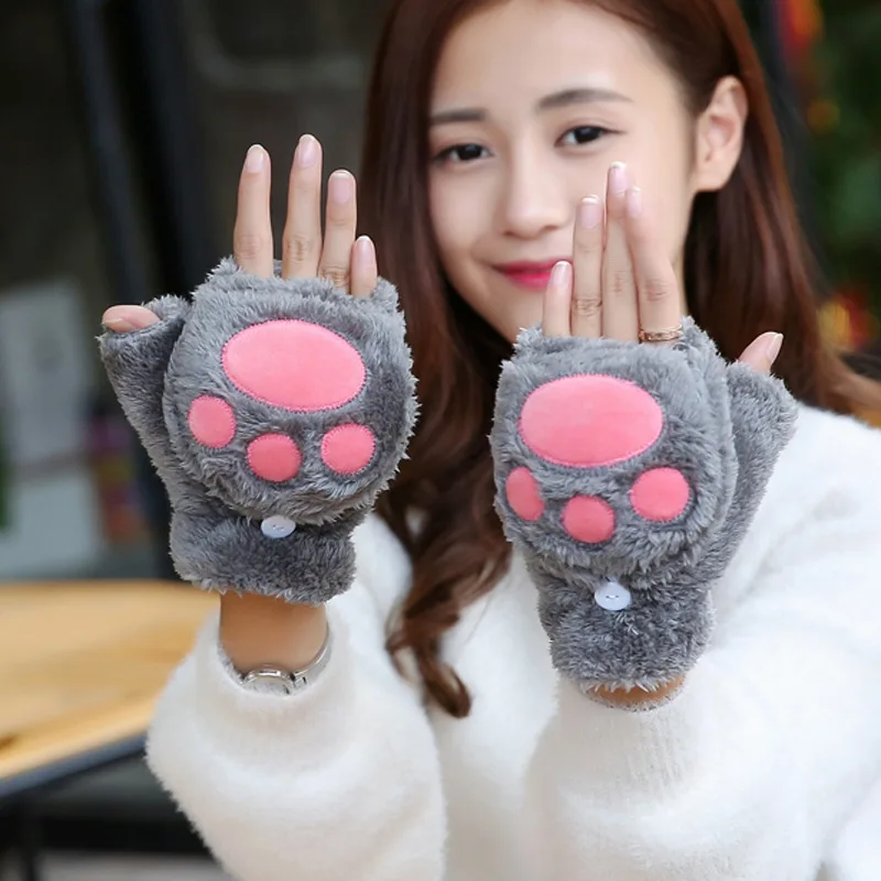 

Autumn and winter plus velvet thick warmth half-finger cute ladies plush clamshell student touch screen cat claw gloves J9