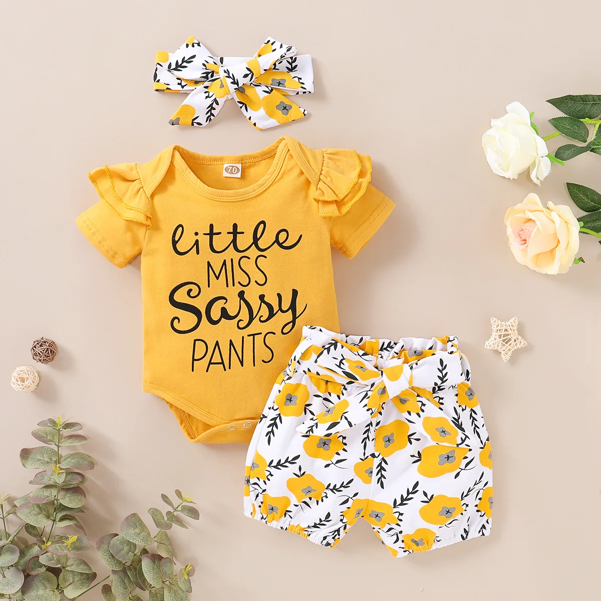 

3Pcs Cute Infant Kids T-Shirt Outfit Set Letter Print Romper Jumpsuit Flower Bowknot Pants Hair Band Newborn Baby Girls Clothing