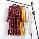 Женское шифоновое платье-рубашка средней длины, повседневное винтажное платье с цветочным принтом в Корейском стиле, с длинным рукавом и бантом, на лето, осень