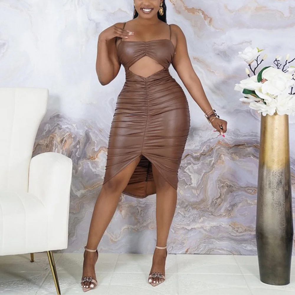 

Sexy Pu Leather Dresses for Women Spaghetti Strap Square Neck Hollow Out Bodycon High Waisted Elegant Evening Night Club Vestido