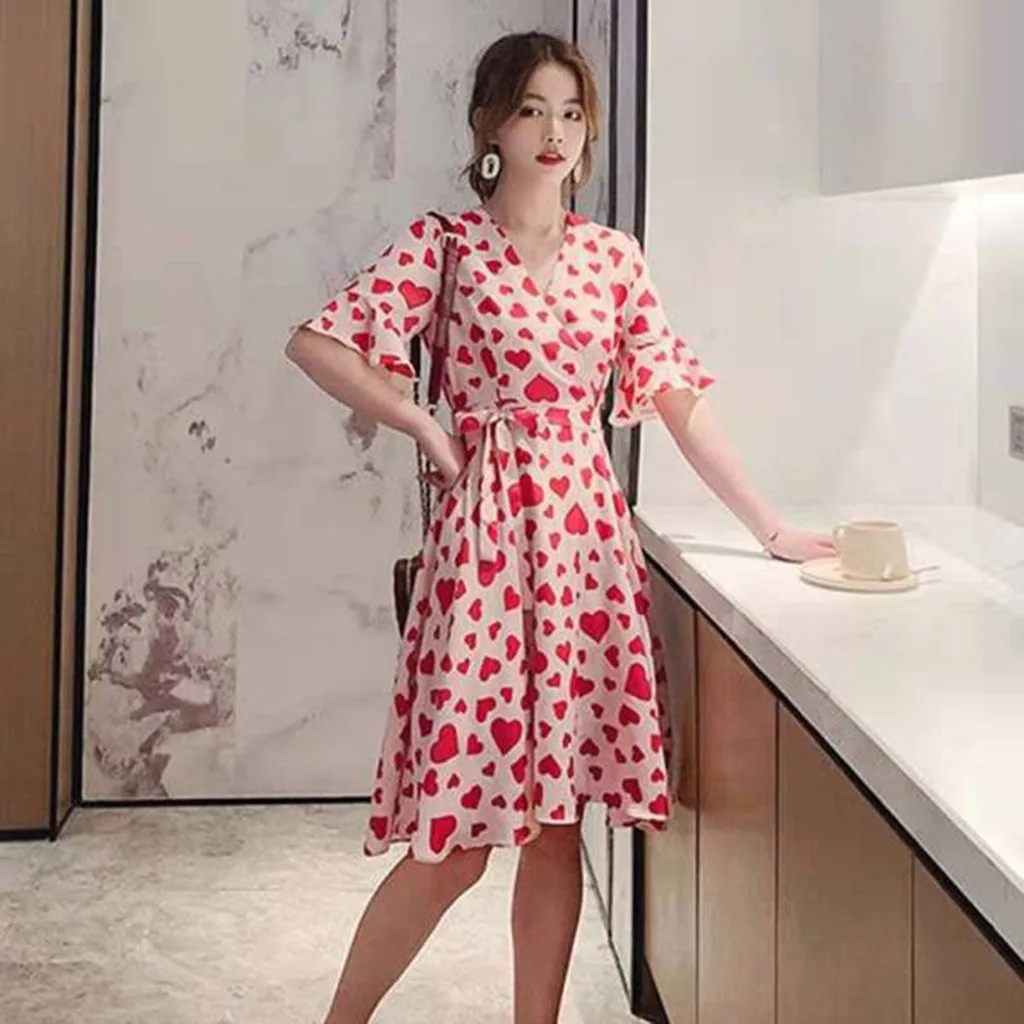 sexy Women's V-Neck Peach Heart Printing Flare Short Sleeve  Knee Length Dress kawaii harajuku classic clothes платье 2021